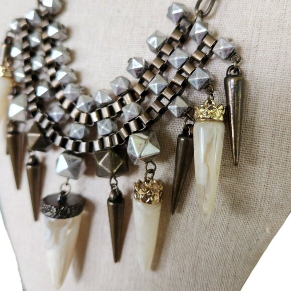 Chunky Tribal Statement Chain Necklace w/Silver Beads & Faux Ivory Spikes - Picture 5 of 8